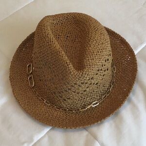 Steve Madden - Stylish Brown Paper Straw Fedora with Goldtone Chain